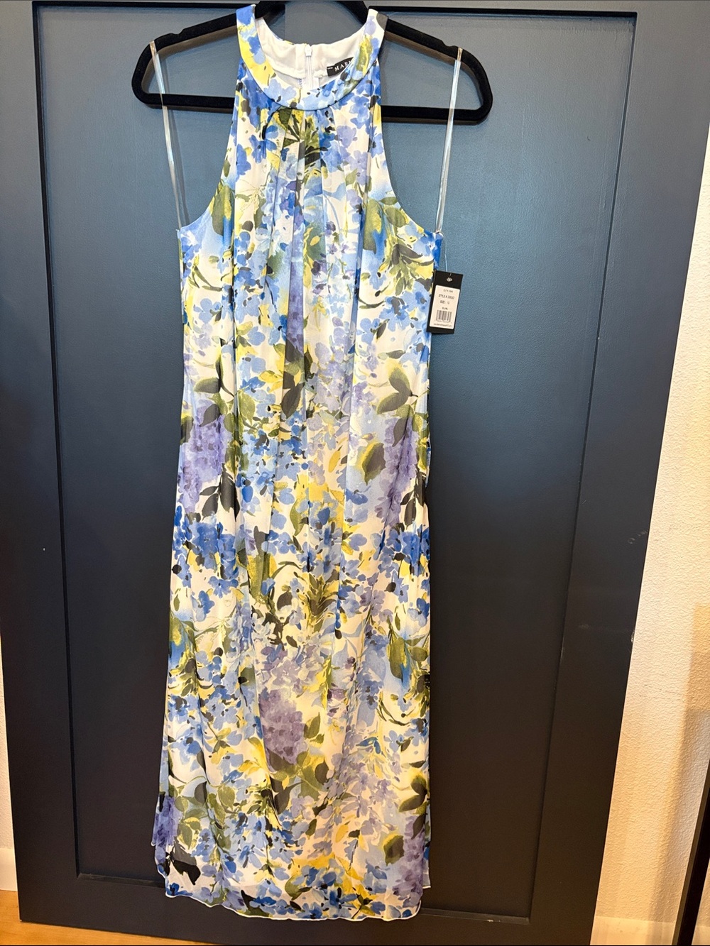 680. MARINA 268082 Floral Halter Maxi Dress in Blue, Green and Purple